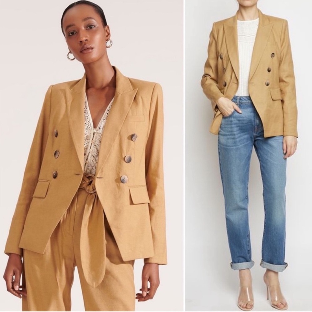 Veronica Beard Dickey Linen 8 Double-Breasted Camel Blazer